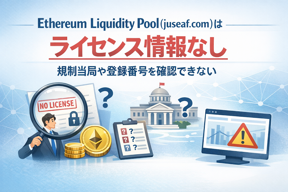 Ethereum Liquidity Pool(juseaf.com)はライセンス情報なし 規制当局や登録番号を確認できない