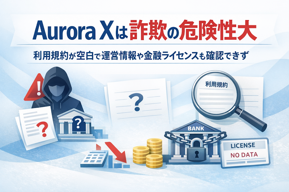 Aurora Xは詐欺の危険性大 利用規約が空白で運営情報や金融ライセンスも確認できず