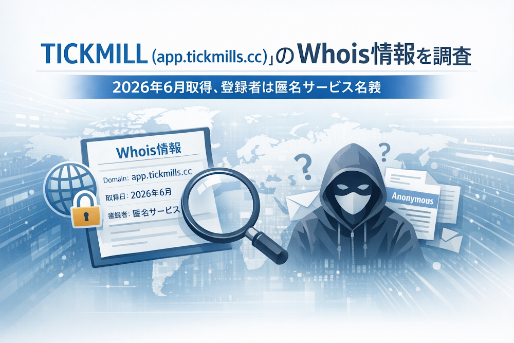 TICKMILL(app.tickmills.cc)のWhois情報を調査|2026年6月取得、登録者は匿名サービス名義