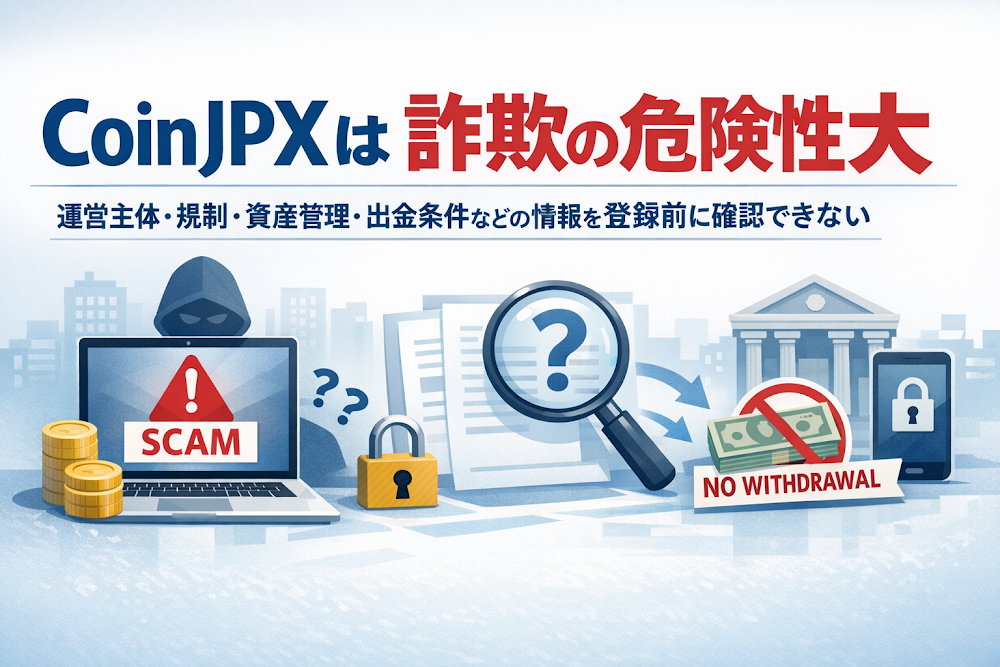 CoinJPXは詐欺の危険性大 運営主体・規制・資産管理・出金条件などの情報を登録前に確認できない