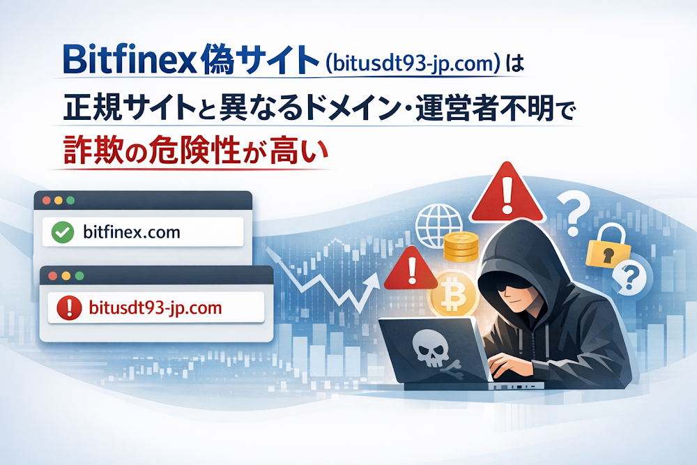 Bitfinex偽サイト(bitusdt93-jp.com)は正規サイトと異なるドメイン・運営者不明で詐欺の危険性が高い