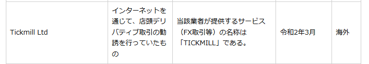 日本の金融庁では本物の「TICKMILL」に無登録業者としての警告歴がある